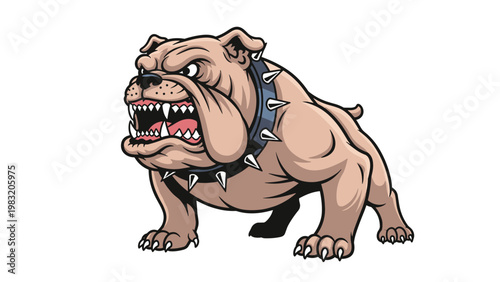 Muscular and angry bulldog character wearing a black spiked collar stands in a powerful pose with its mouth open showing teeth.