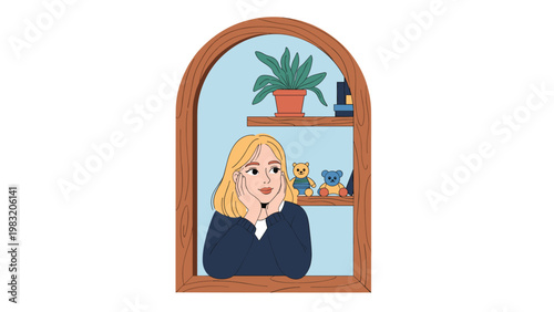 Young blonde woman rests her chin on her hands while looking out of an arched wooden window from a room with plants and toys.