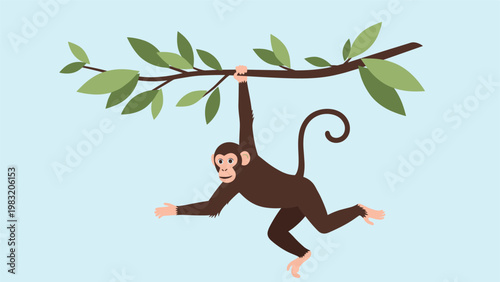 Playful brown monkey swings from a green leafy tree branch with its long tail curled and a happy expression on its face.