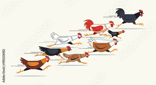 A flock of chickens running in a line.