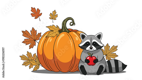 Cute raccoon with an apple sits next to a large orange pumpkin in an autumn scene with falling maple leaves on a white background.