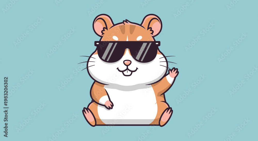 Fototapeta premium Cute Hamster Wearing Sunglasses Waving Hand.