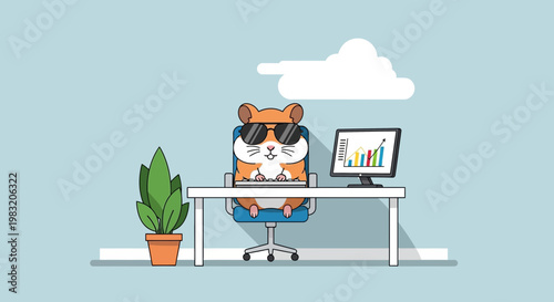 Cute Hamster Wearing Sunglasses Working at Desk.