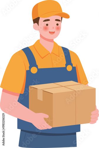 A hardworking delivery man in overalls holding a package for Labor Day