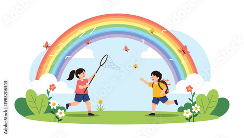 Two happy children a boy and a girl run across a green meadow chasing colorful butterflies under a bright and beautiful rainbow.