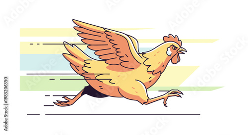 Fast running chicken with wings spread wide.