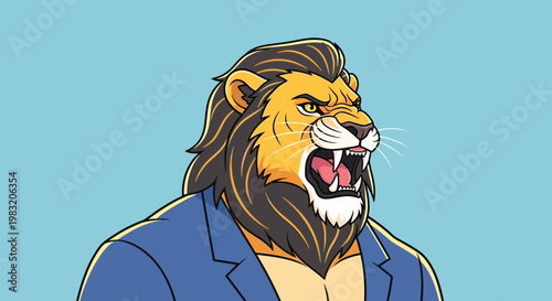 Fierce Anthropomorphic Lion Businessman Roaring Aggressively.