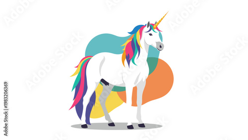 Mythical white unicorn standing with a vibrant rainbow colored mane and tail against a colorful abstract background design element.