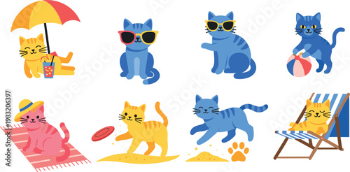 Playful Cats Enjoying Summer Activities with Beach, Sun, and Fun for Pet, Seasonal, and Vacation Themed Designs