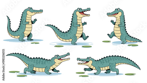 Collection of green cartoon crocodiles in various active poses such as walking and standing on a pond surface with lily pads.