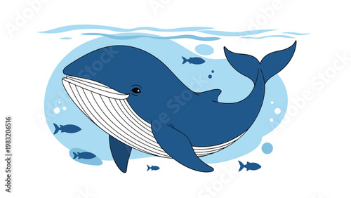 Large blue whale swimming gracefully through the deep ocean water surrounded by small fish and abstract bubbles in a marine scene.