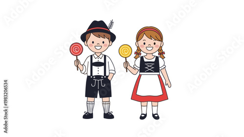 Young boy and girl dressed in traditional German lederhosen and dirndl outfits holding colorful lollipops in a friendly pose.