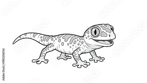 Detailed black and white line art illustration of a spotted leopard gecko walking forward with a friendly expression on its face.