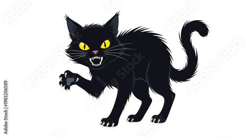 Aggressive black cat with arched back and bared teeth hissing with glowing yellow eyes in a classic halloween style pose.