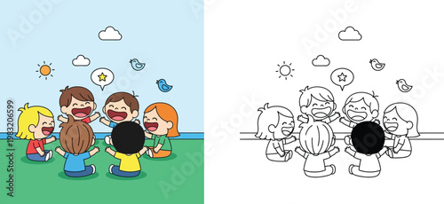 Happy Diverse Children Sitting in a Circle and Laughing Outdoors Illustration with Line Art Version for Coloring Book, Kids Playing and Learning in a Sunny Park Vector Background