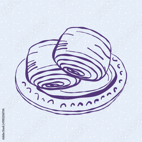 Flat contour illustration of two sweet poppy seed buns served on a decorative plate. Vector bakery icon for food cafe menu, dessert shop project or kitchen design. Isolated on light background