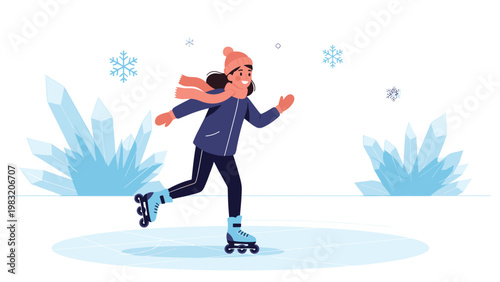 Young girl happily ice skating on a frozen rink with snowflakes and ice crystals in the background vector illustration.