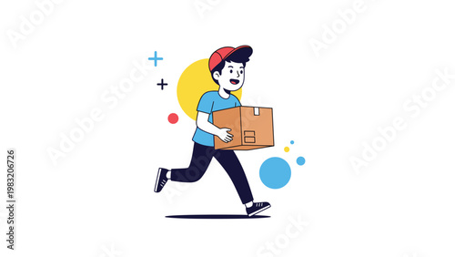 Enthusiastic delivery boy character in a red cap and blue shirt running while carrying a cardboard parcel box vector.