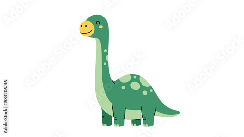 Cute green long necked dinosaur character with spots standing and smiling in a simple flat style vector illustration.