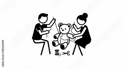 Couple Repairing Teddy Bear Together