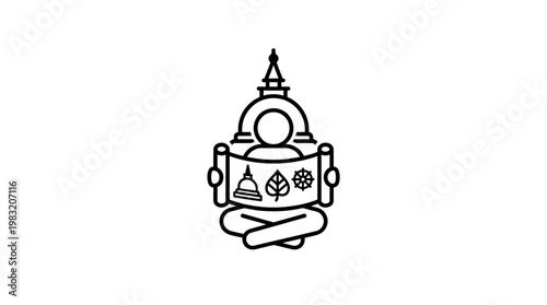 Buddhist Monk Reading Scroll with Spiritual Symbols
