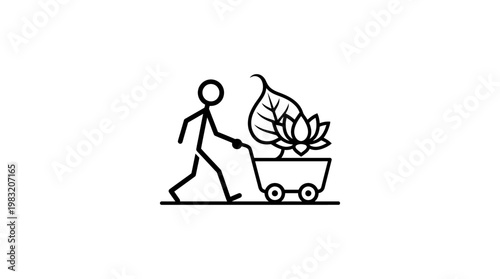 A Person Pushing a Cart with a Lotus Flower and Leaf