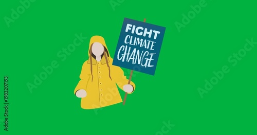 Digital animation of woman icon holding fight climate change text protest banner on black background