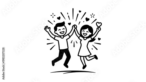 Joyful Couple Jumping and Celebrating Together