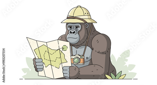 Gorilla explorer wearing pith helmet and holding map.