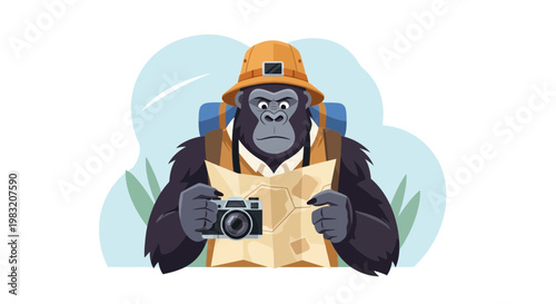 Gorilla explorer with camera and map on adventure.