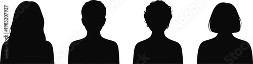 Four black silhouette profiles of diverse hairstyles and genders against 