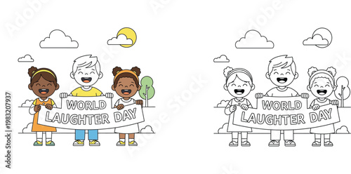 Happy Diverse Children Holding World Laughter Day Banner Illustration with Line Art Version for Coloring Book, Kids Celebrating Happiness Outdoors Vector Background