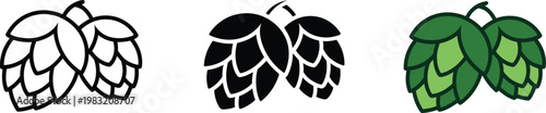 Three stylized hop cones in outline black silhouette and green color variations hops plant