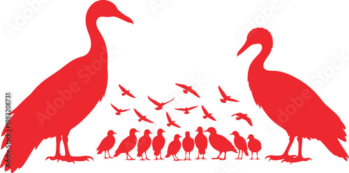 Set of flying birds scarlet ibis or red ibis. Tropical wild life South America and part of the Caribbean. National symbol of Trinidad and Tobago. Vector isolated image for postcard, banner.