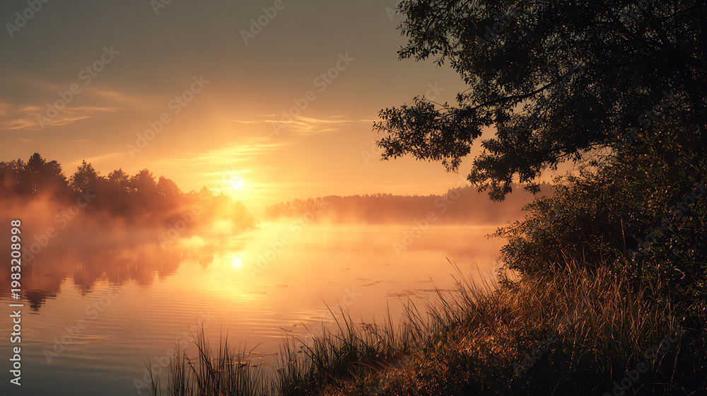 Fototapeta premium A serene lake at sunrise with golden light reflecting on calm waters and trees at the shore, creating a peaceful scene.