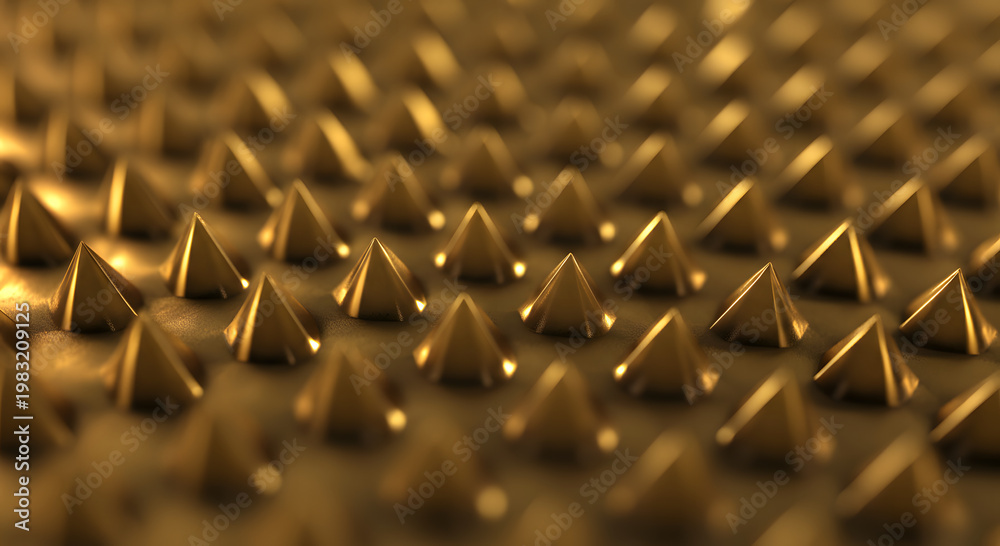 Fototapeta premium Photorealistic extreme macro futuristic metamaterial surface perfectly repeating microscopic gold pyramids light.