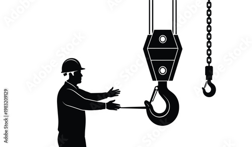 A construction worker wearing a hard hat reaches towards a large industrial hook suspended by a chain a striking silhouette high quality professional detailed