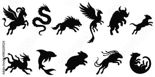 Collection of stylized black silhouettes of mythical and real creatures including a dragon pegasus griffin wolf bull rabbit dolphin and other fantasy beasts Collection of stylized black