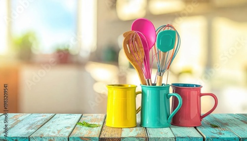 Colorful kitchen utensils in mugs on a wooden tabletop with blurred background