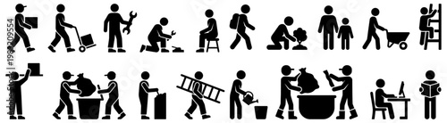 A collection of pictograms depicting various human activities including carrying pushing working gardening climbing and office tasks presented in a minimalist silhouette style