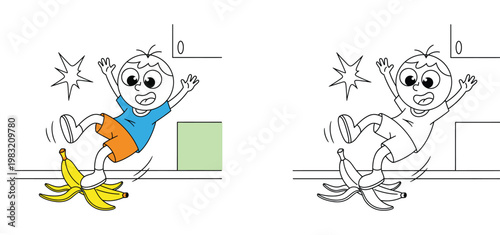 Funny Cartoon Boy Slipping on a Banana Peel Illustration with Line Art Version for Coloring Book, Comical Accident and Safety Education Concept for Kids Vector Background