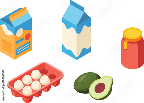 Colorful flat vector illustration of dairy products eggs avocado honey jar and milk cartons isolated on clean minimal background