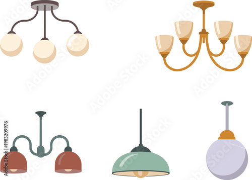 Ceiling light fixtures collection featuring modern chandelier pendant lamps isolated on clean minimal background interior lighting vector illustration set