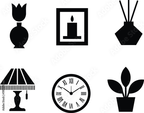 Home decor silhouette icon set featuring lamp candle frame plant clock and diffuser isolated on clean minimal background vector