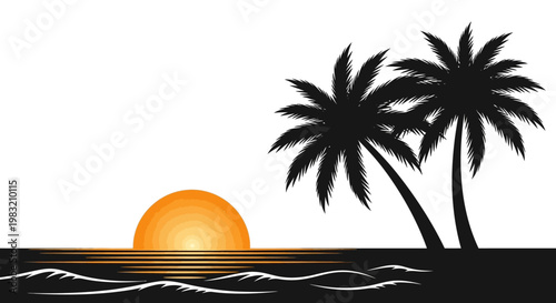Silhouette of two palm trees against a beautiful orange sunrise or sunset over ocean water, a flat, vector graphic design for travel and tropical vacation concepts.