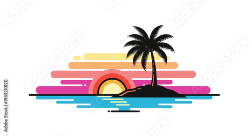 Minimalist digital silhouette design of a tropical island scene featuring a palm tree silhouetted against a beautiful sunset over ocean, capturing a tranquil vacation ambiance and summer vib