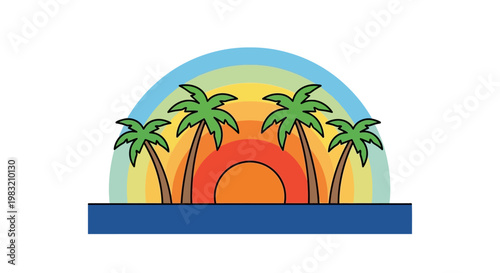 A vibrant, minimalist cartoon depiction of a tropical sunset with palm trees silhouetted against a colorful rainbow-arched backdrop, creating a serene and idyllic island vacation scene