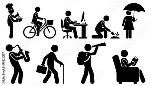 A collection of black stick figures engaging in various activities like cooking cycling working on a computer gardening playing music walking with a cane and reading silhouette