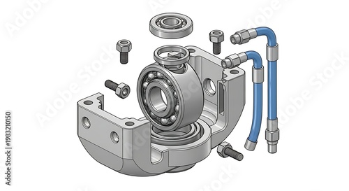 Exploded view of machine parts, bearings, bolts, and blue hose.