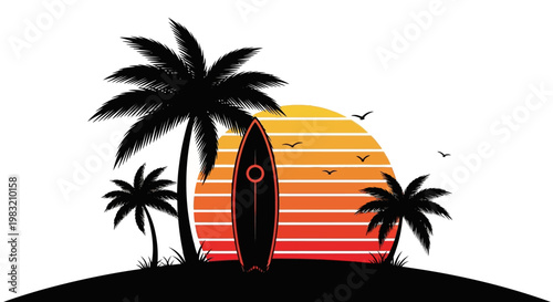 Silhouette artwork of a surfboard leaning on the beach with palm trees in front of a colorful sunset with birds, evokes a dreamy coastal landscape and vacation-themed composition.